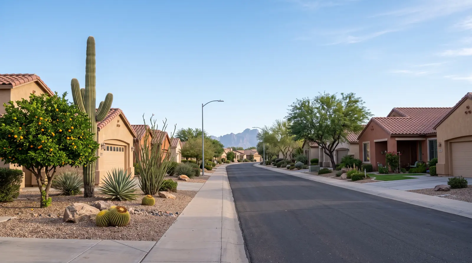 A quiet residential street in Mesa, Arizona in the early morning