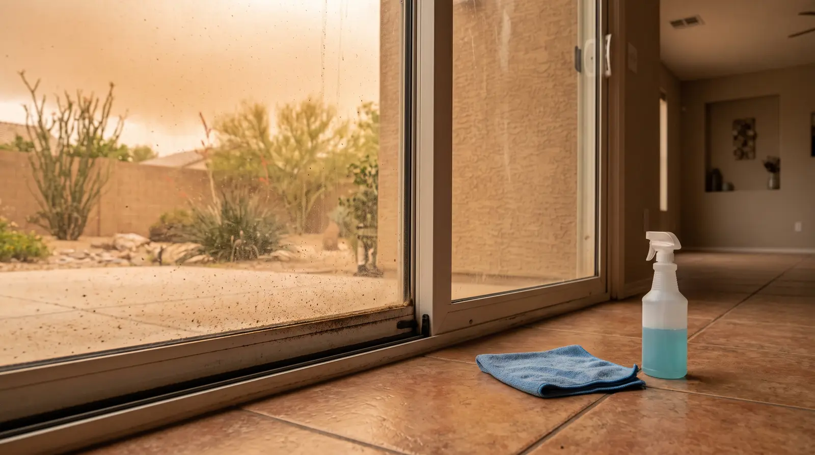 Closed sliding glass door in a Mesa, Arizona home with a fine layer of tan dust on the outside sill and glass, a folded microfiber cloth...