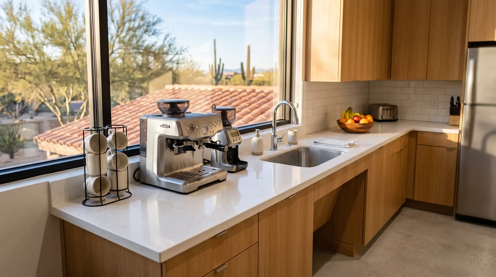 Clean office kitchenette in a Phoenix, Arizona workplace in the early morning