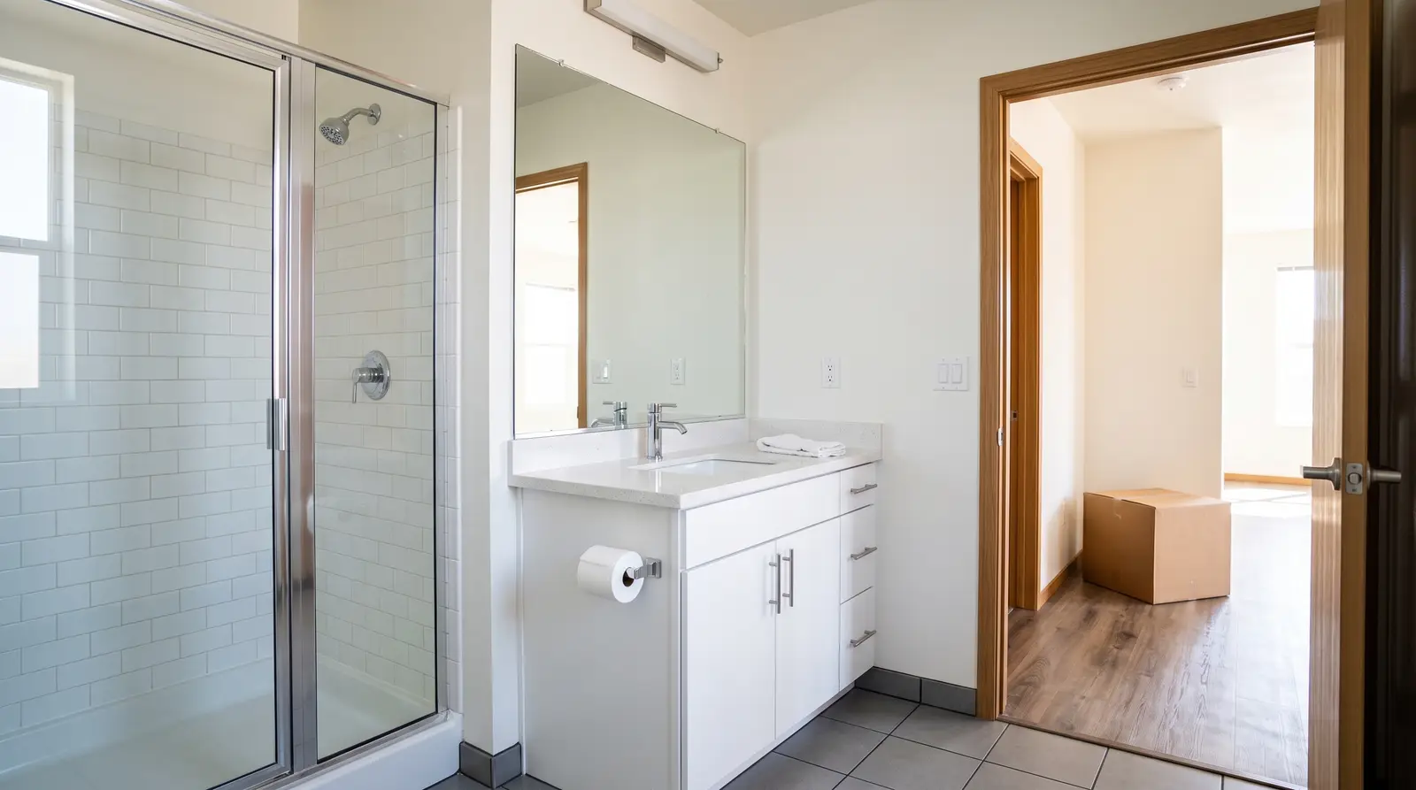 Empty, freshly cleaned bathroom in an Arizona apartment on move-out day