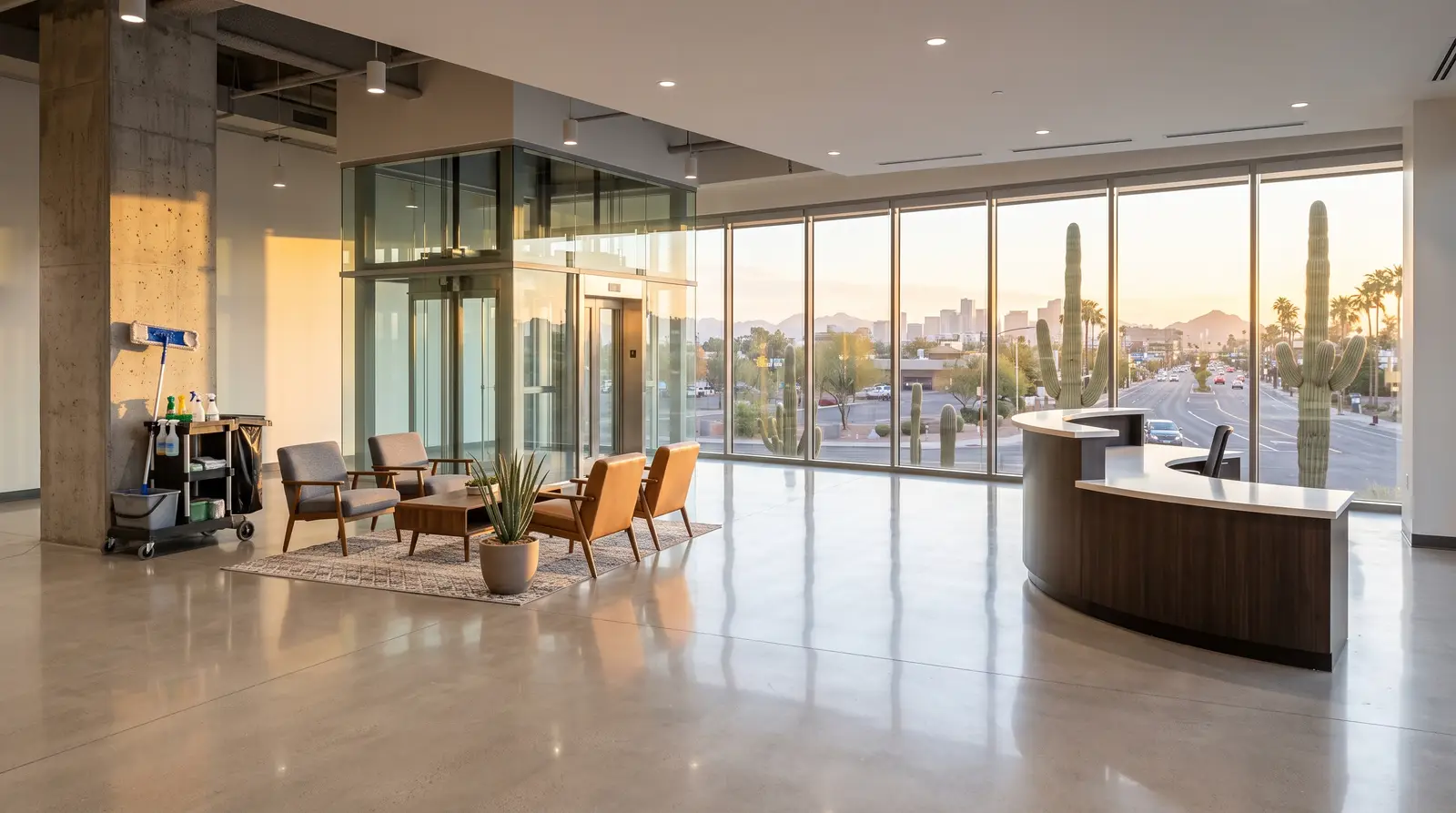 Shot of an empty, freshly cleaned modern office lobby in a Phoenix, Arizona mid-rise