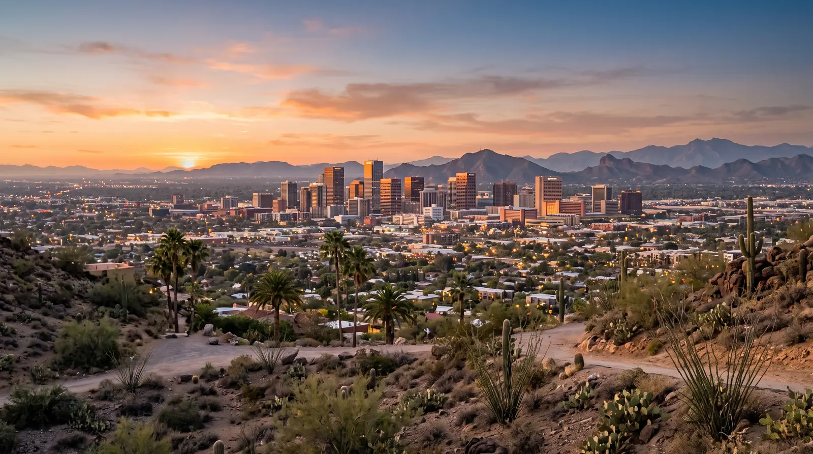 Wide exterior view of the Phoenix, Arizona metro skyline at golden hour from an elevated vantage
