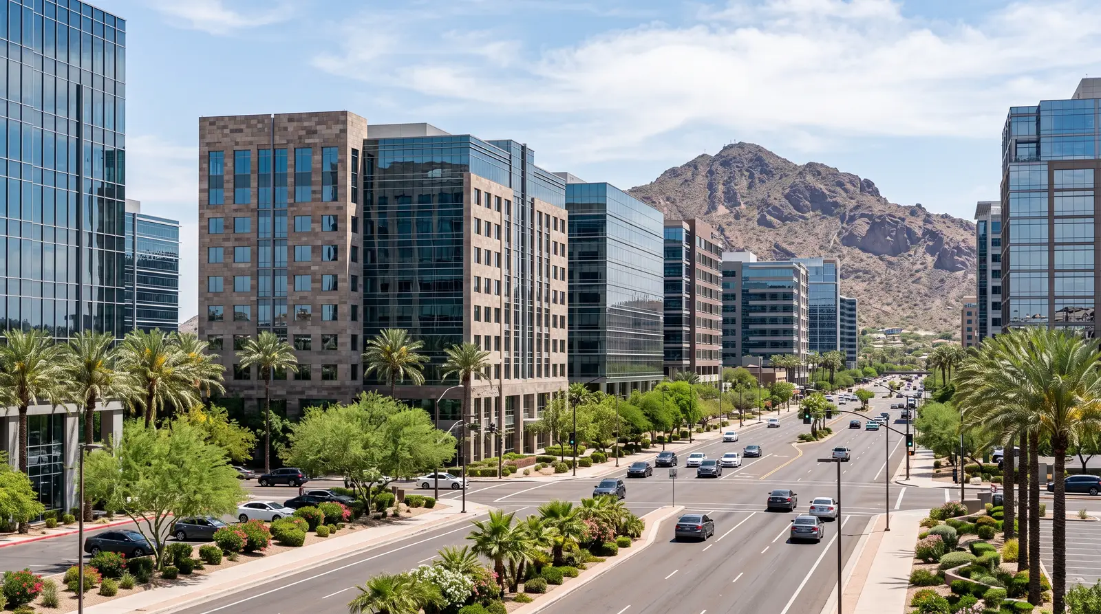 Exterior of the Camelback Corridor in Phoenix, Arizona at midday