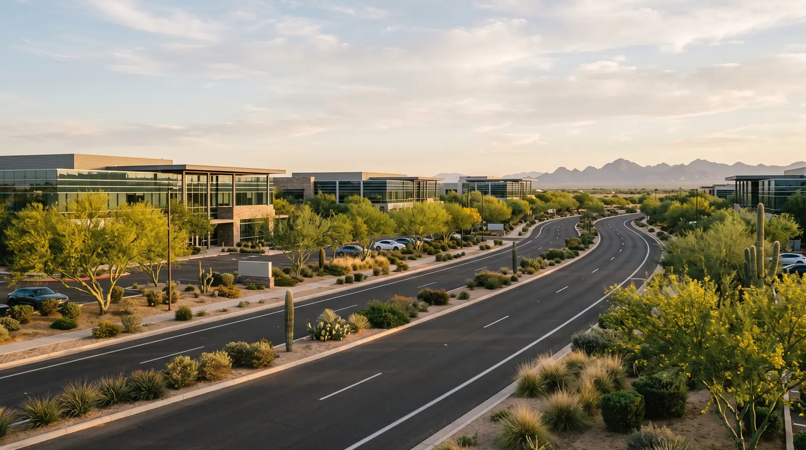 Exterior of the Price Road tech corridor in Chandler, Arizona in the late afternoon