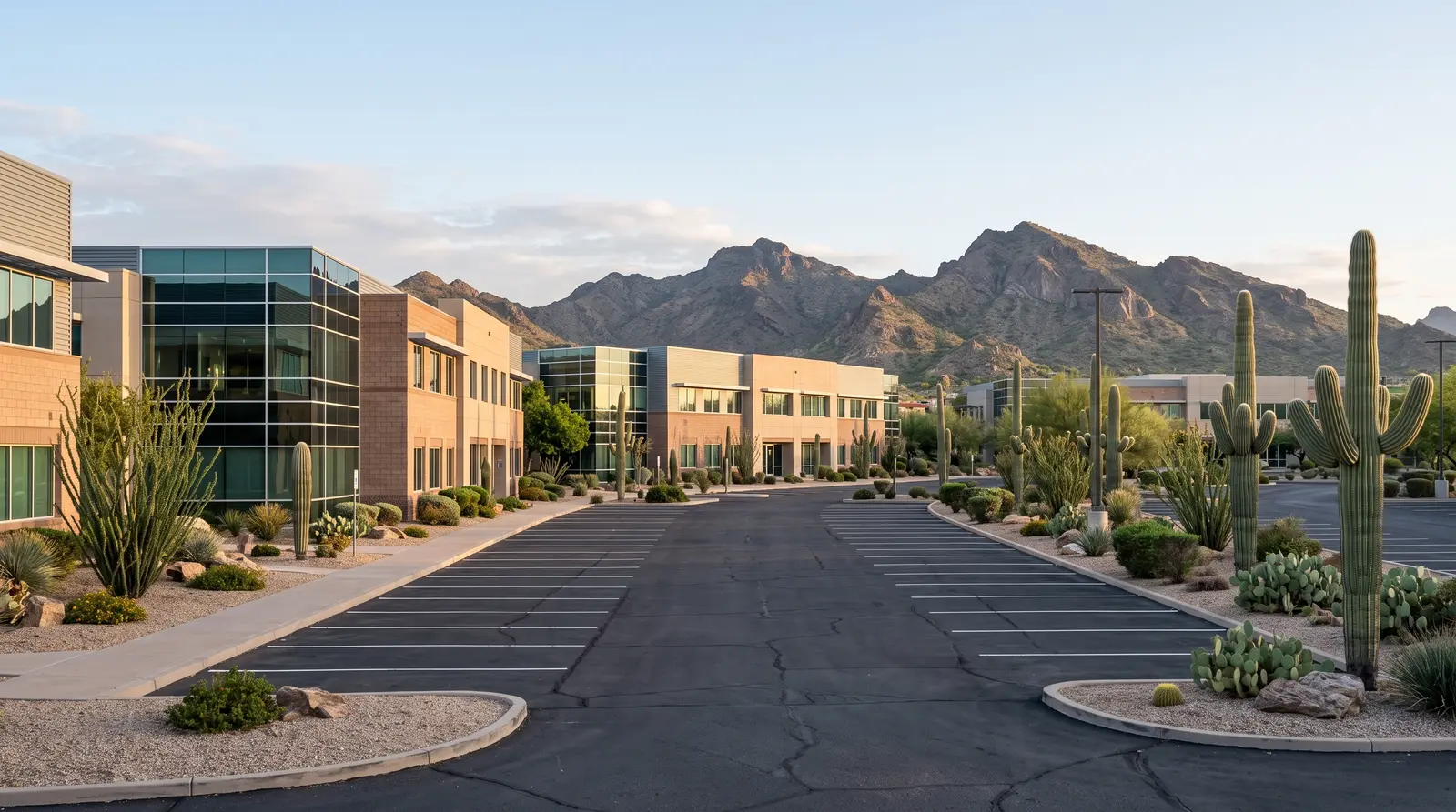 Exterior of a Deer Valley office park in North Phoenix, Arizona in the early morning