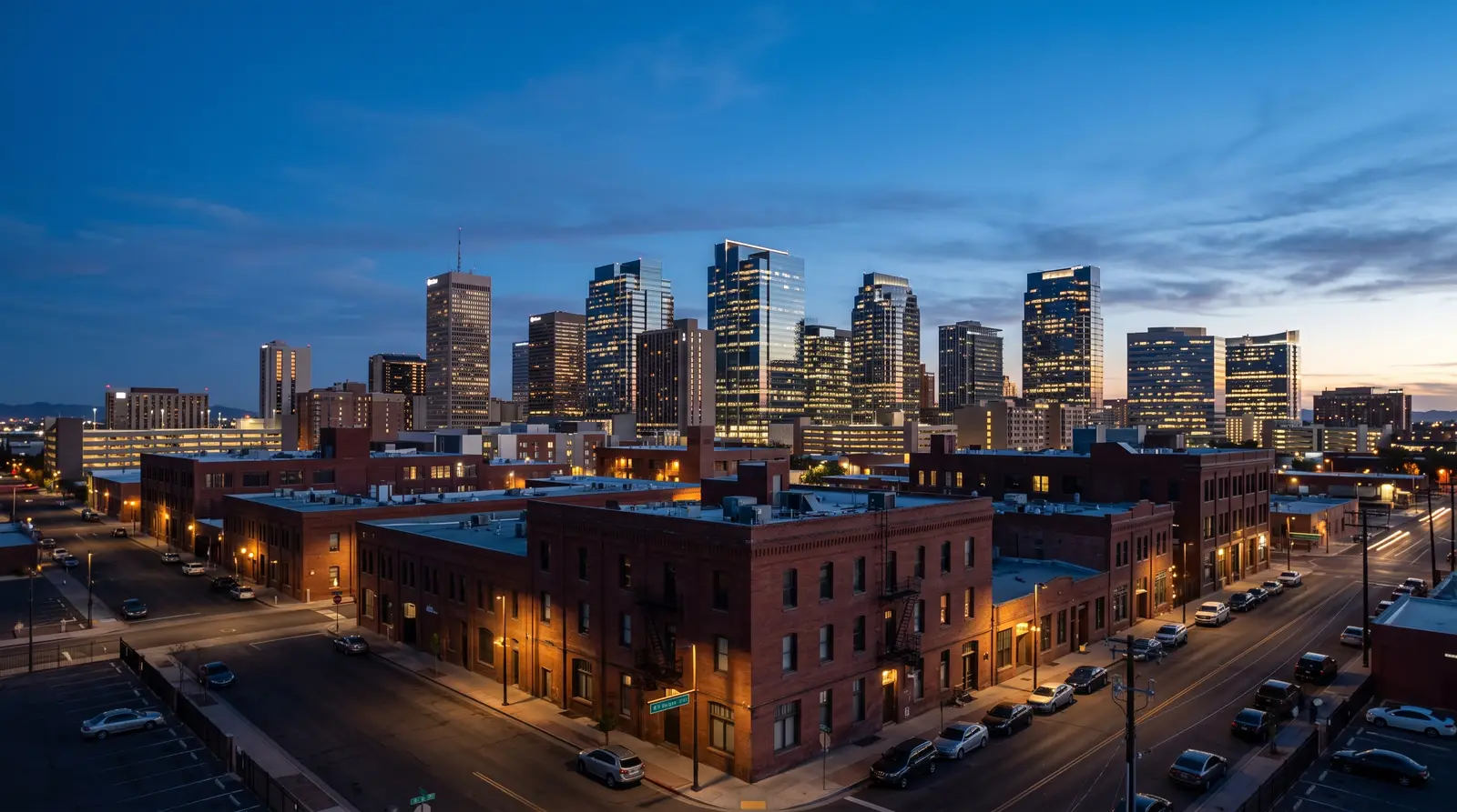 Exterior of the downtown Phoenix, Arizona skyline seen from the south at dusk