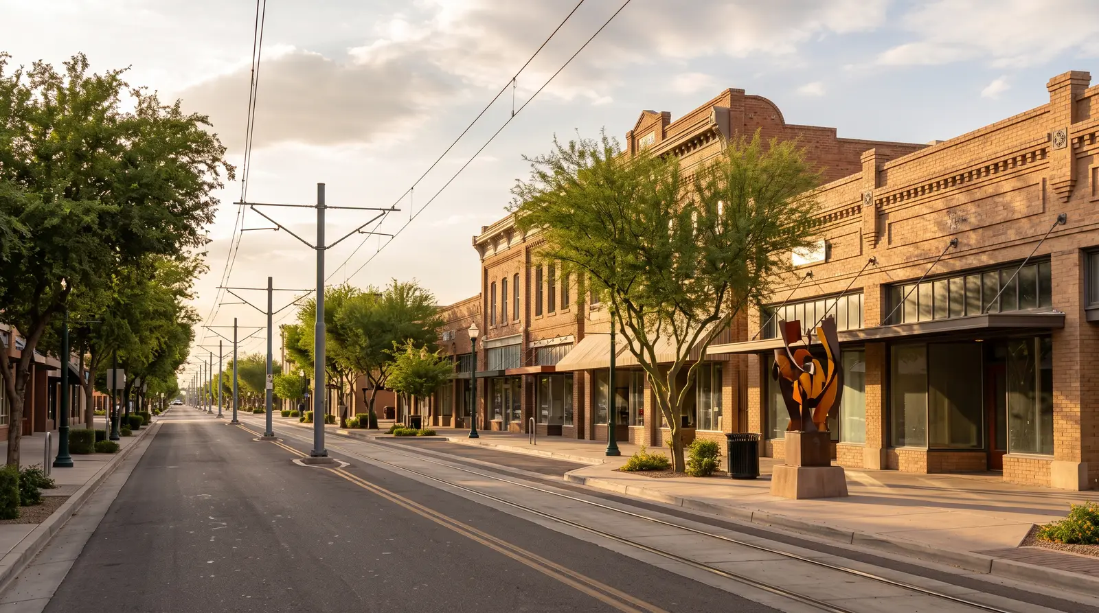 Exterior of Main Street in downtown Mesa, Arizona in late afternoon
