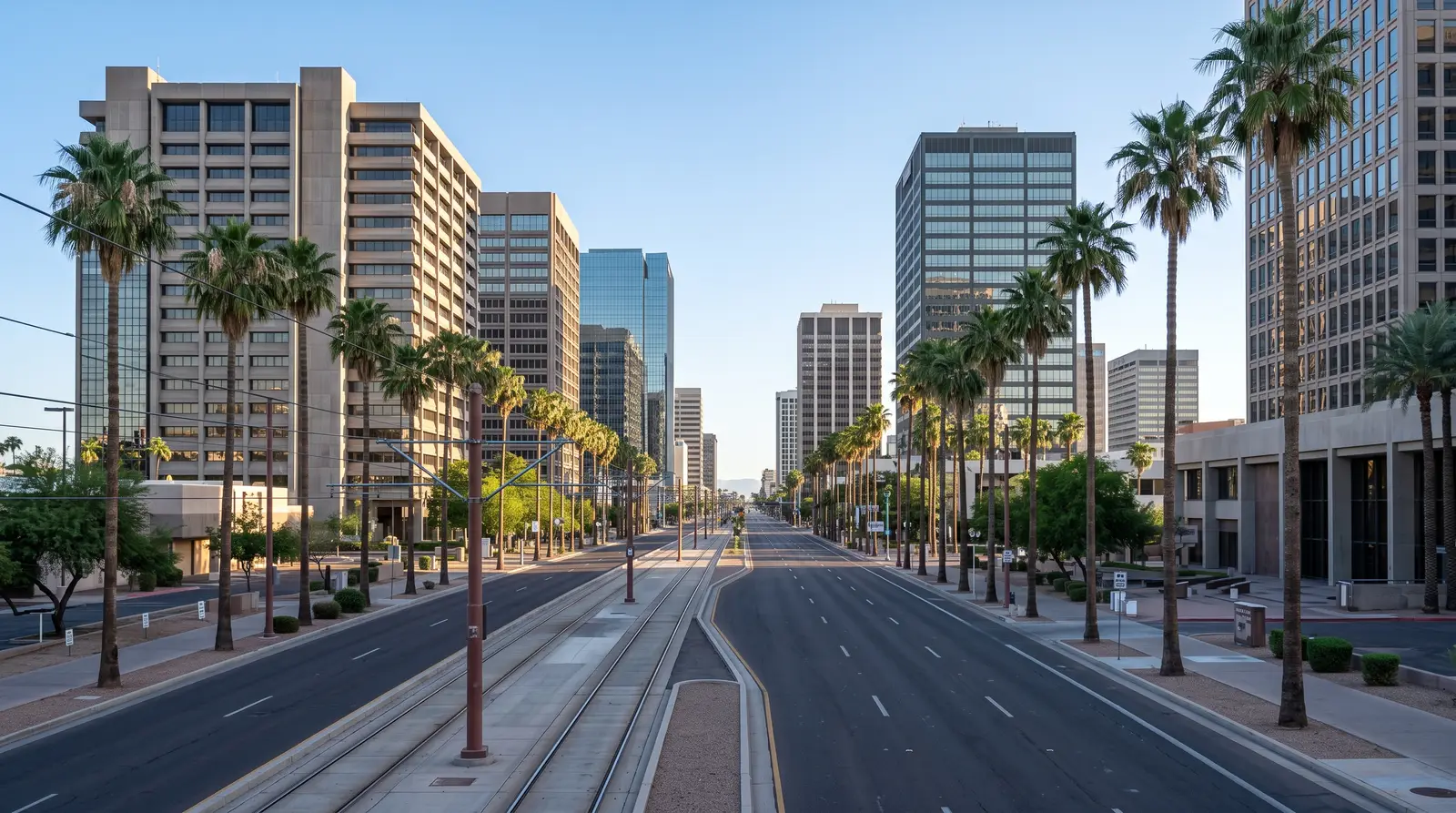 Exterior view down the Central Avenue corridor in Midtown Phoenix, Arizona in early morning