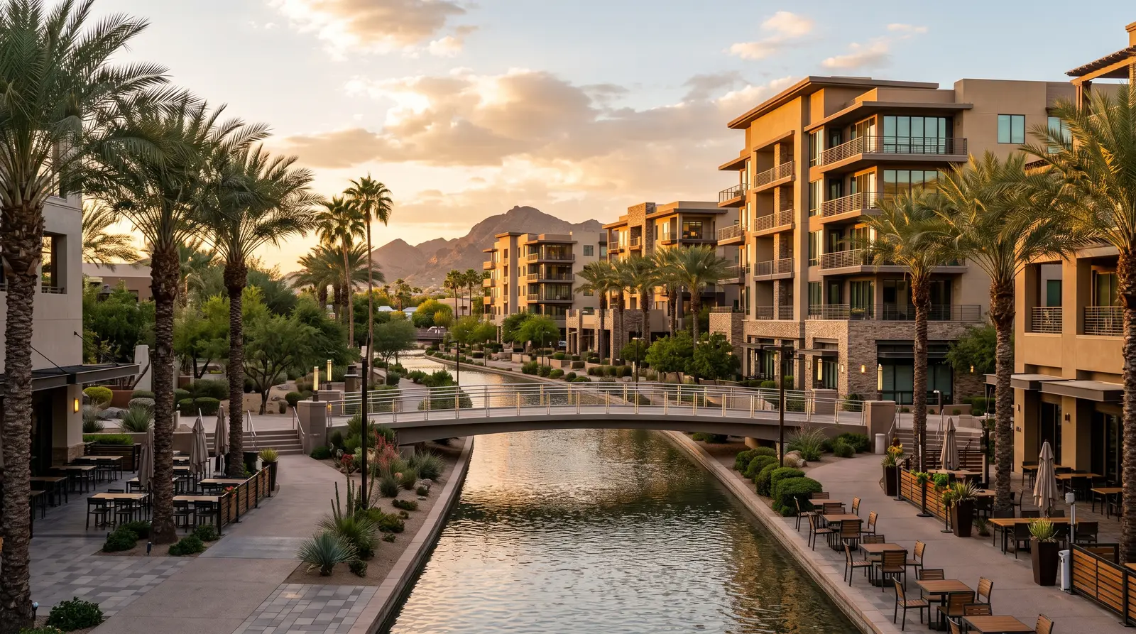 Exterior of the Scottsdale Waterfront in Old Town Scottsdale, Arizona at golden hour