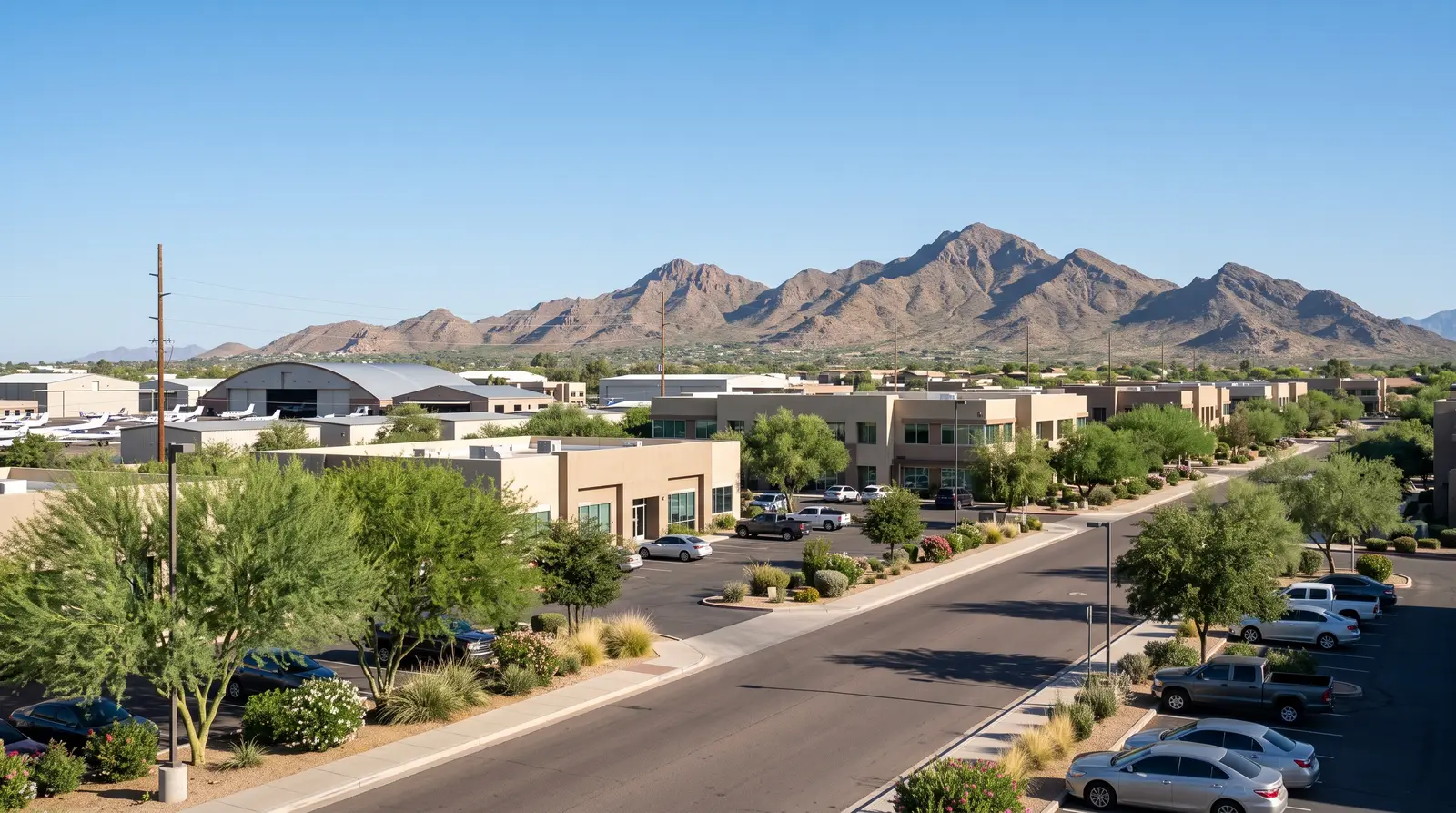 Exterior of the Scottsdale Airpark area in Scottsdale, Arizona in the morning
