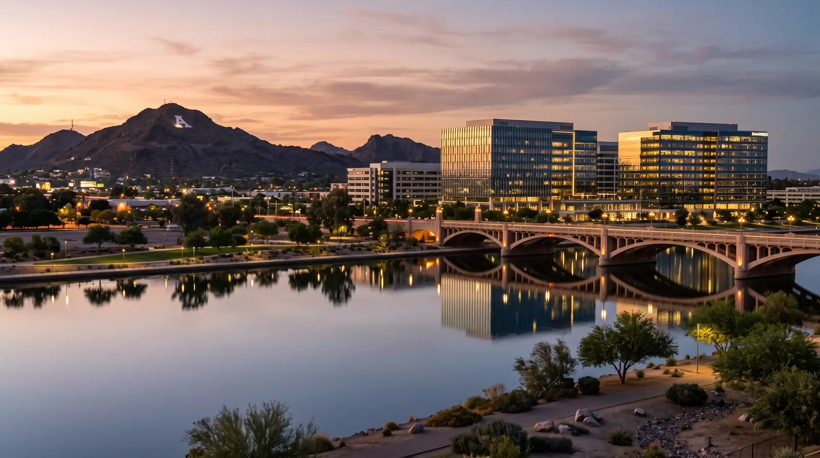 Exterior of Tempe Town Lake in Tempe, Arizona at dusk