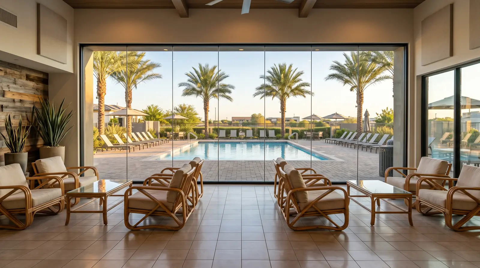 Apartment community breezeway and clubhouse entrance, swept clean, with desert landscaping