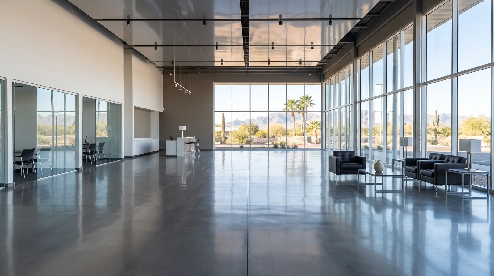 Empty auto dealership showroom interior in Phoenix, Arizona with no vehicles in frame