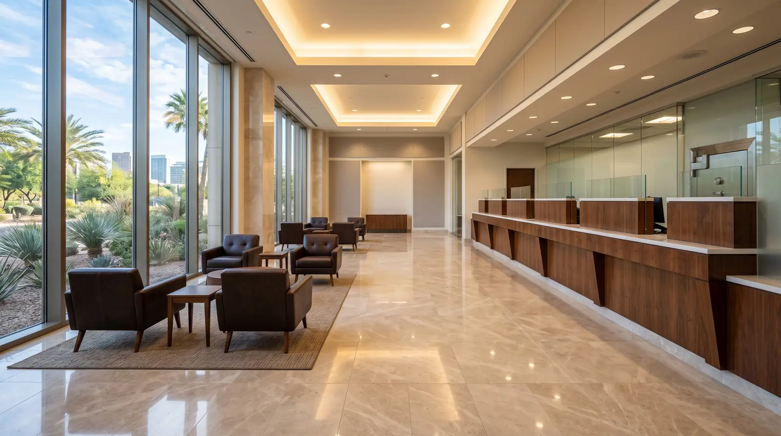 Empty, spotless bank lobby in Phoenix, Arizona with