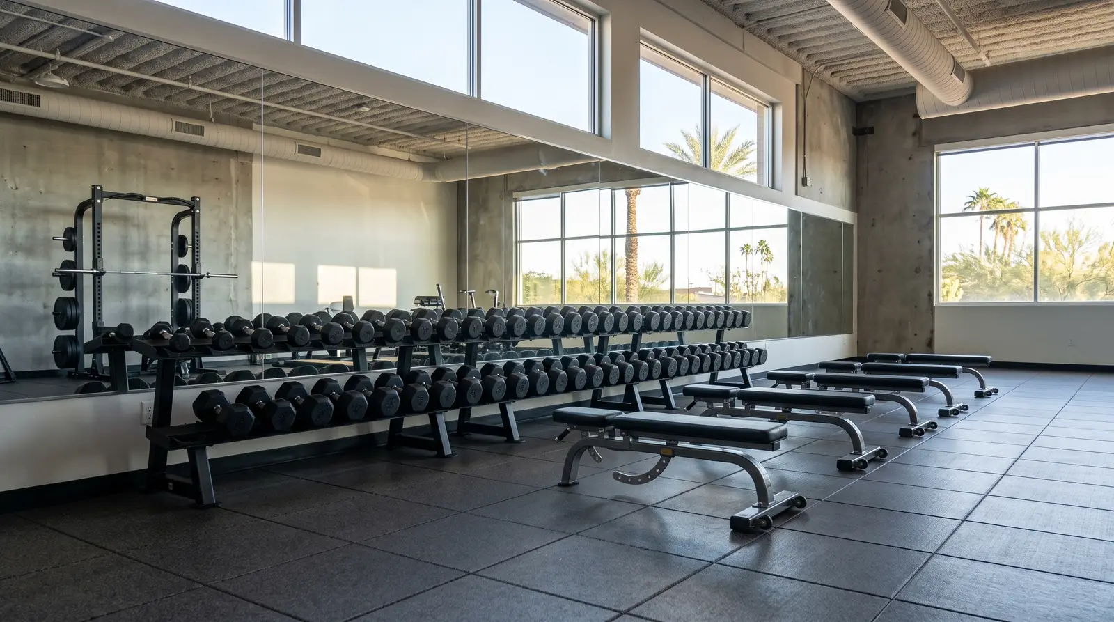 The free-weight area of an empty fitness center in Phoenix, Arizona after cleaning