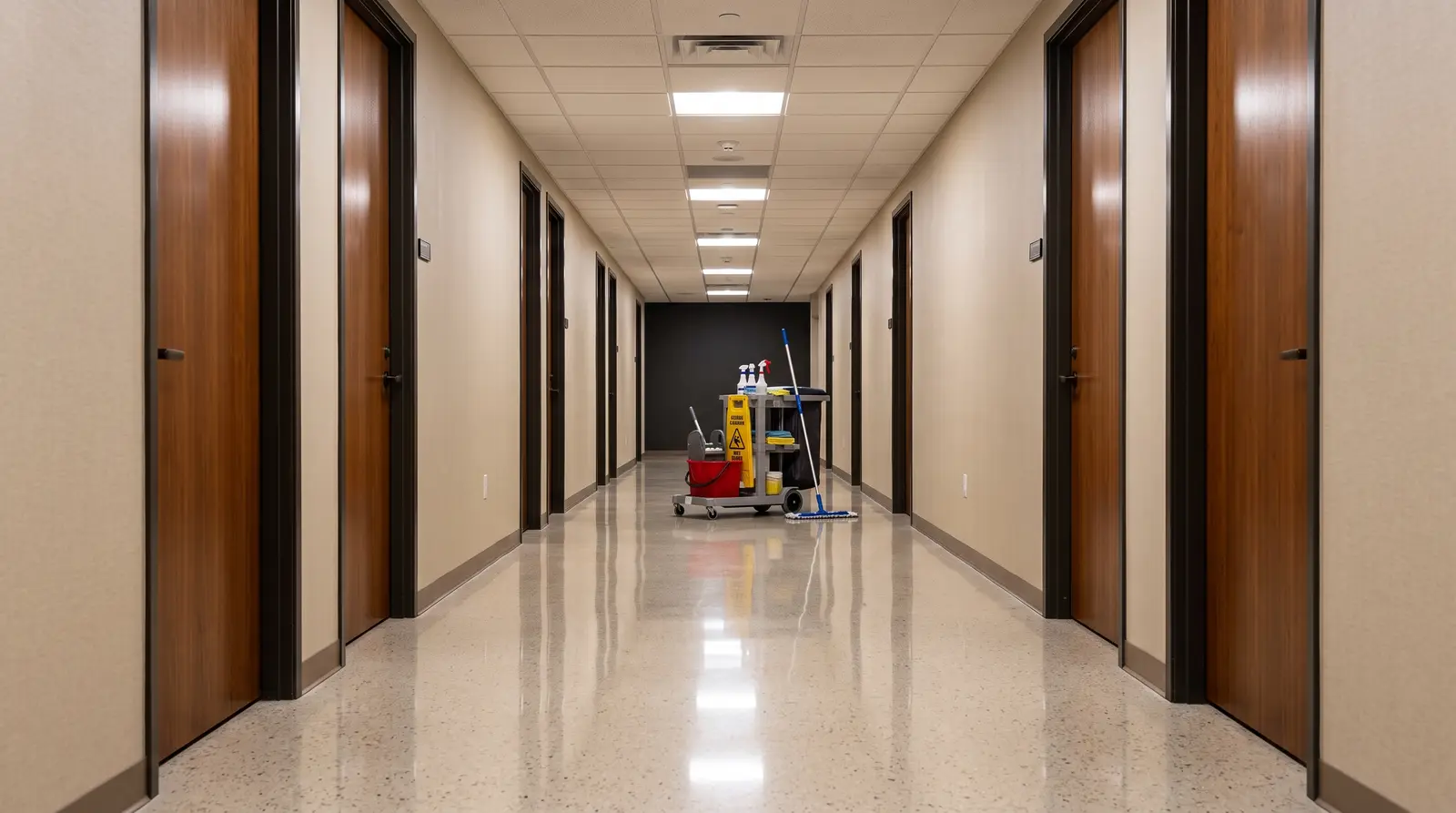 Long, polished corridor in a Phoenix, Arizona mid-rise office building at night after janitorial service