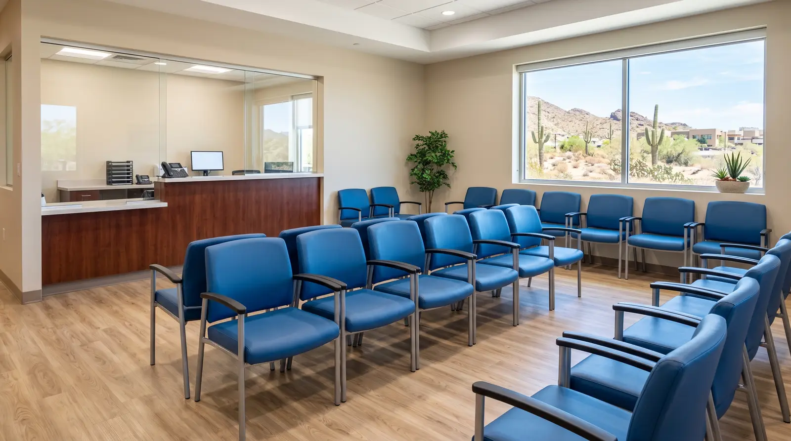 Empty, spotless medical clinic waiting room in Phoenix, Arizona
