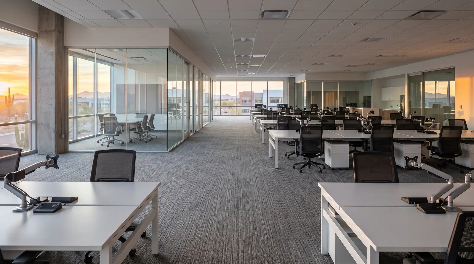 Wide interior of a freshly cleaned open-plan office in a Mesa, Arizona business park at sunrise