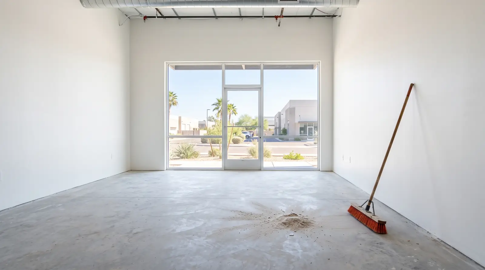 Empty, newly built commercial room in Phoenix, Arizona during post-construction cleanup