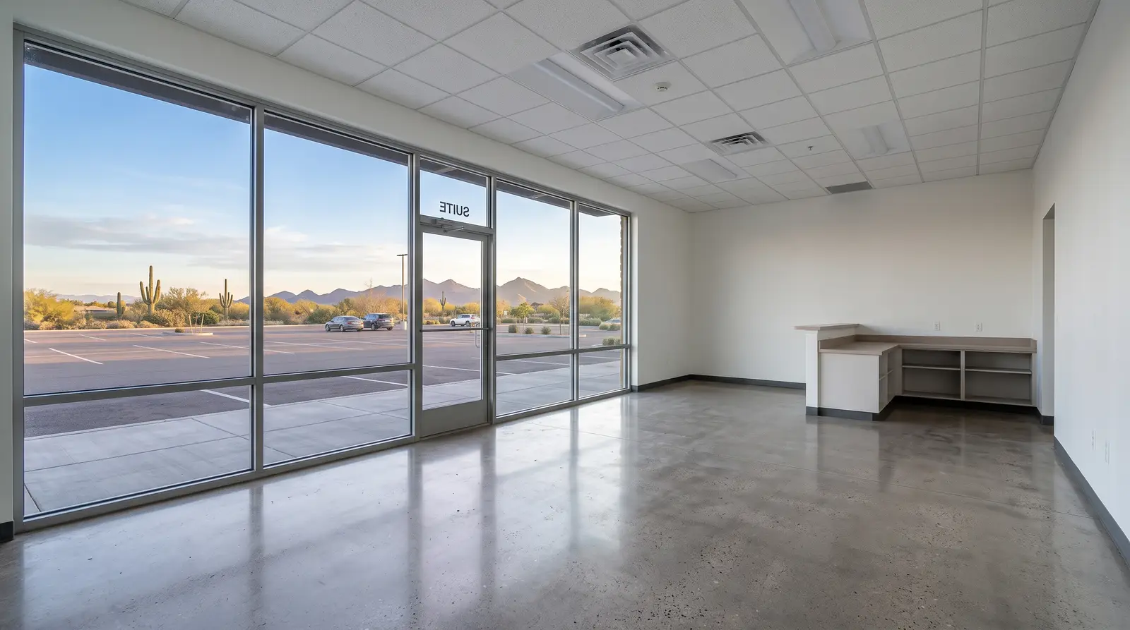 Vacant, freshly cleaned commercial suite in a Phoenix, Arizona strip center ready for a new tenant