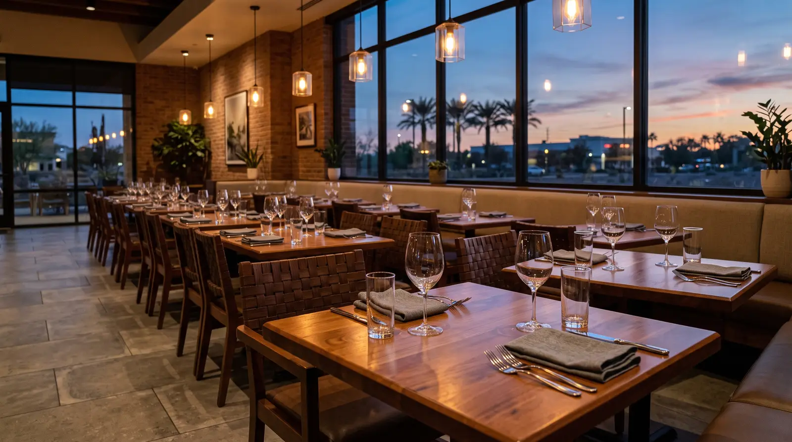 Empty restaurant dining room in Gilbert, Arizona set for evening service