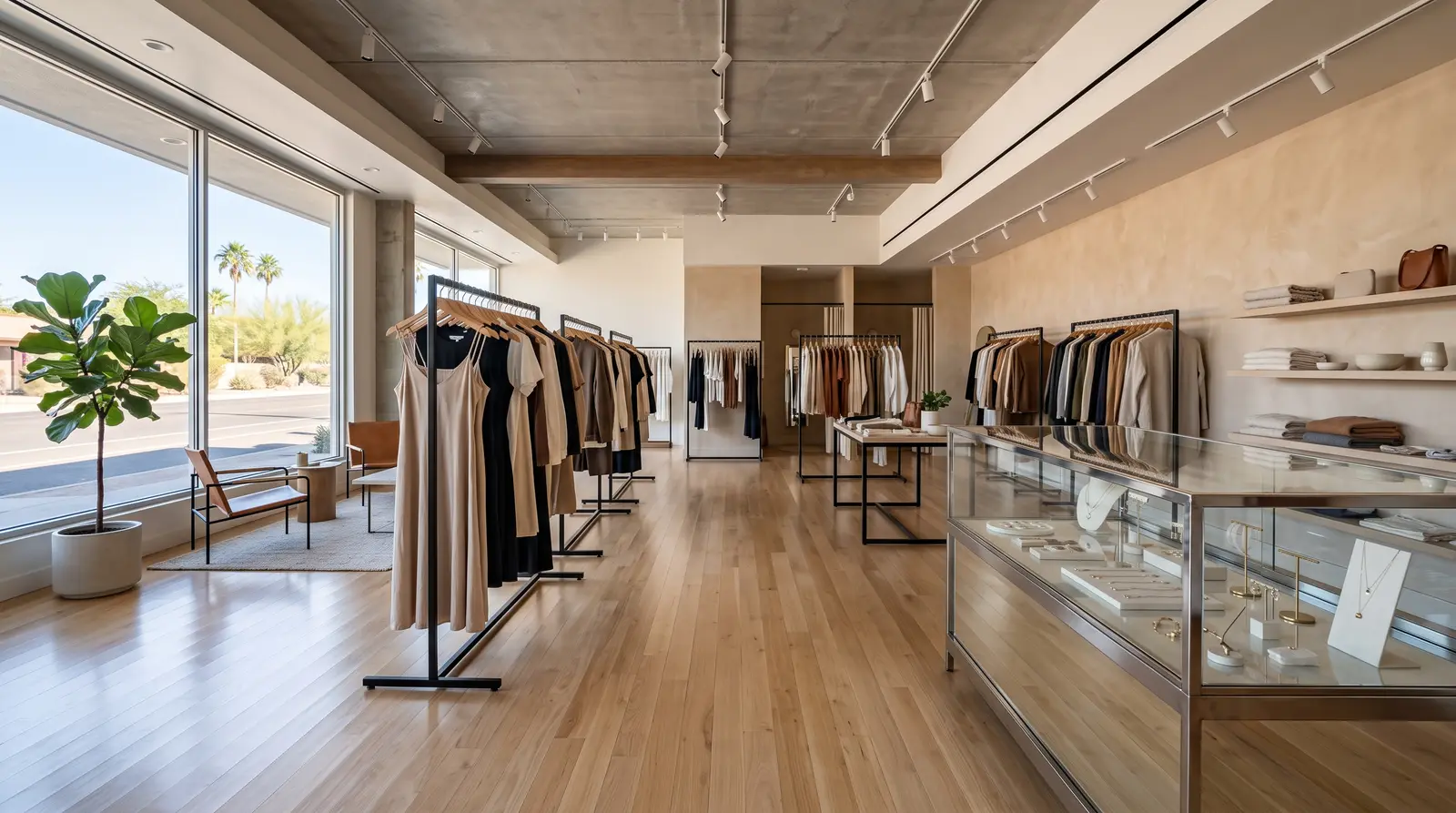 Freshly cleaned retail boutique interior in Phoenix, Arizona before opening