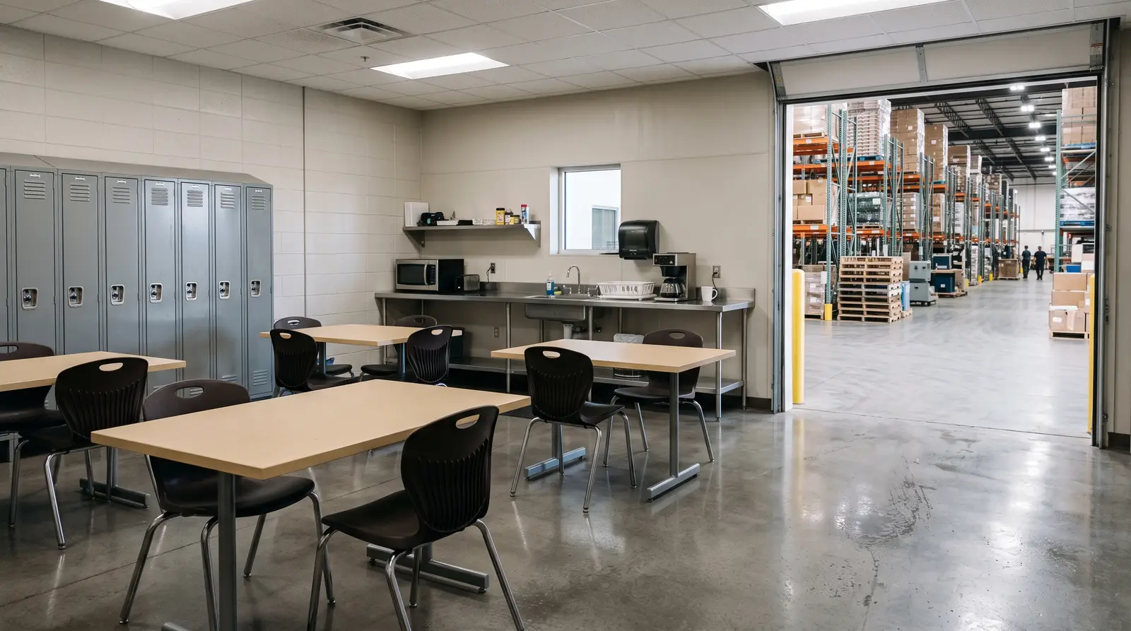 Clean employee break room inside a Phoenix, Arizona distribution warehouse