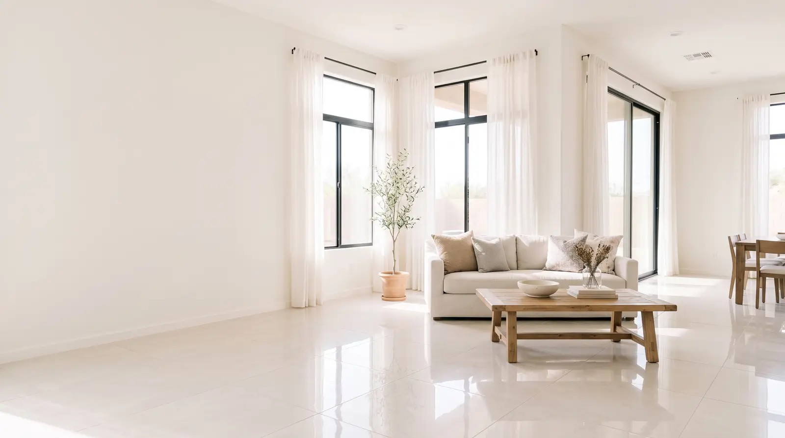 Sunlit, freshly cleaned open living room in an Arizona home, light tile floor and sheer curtains