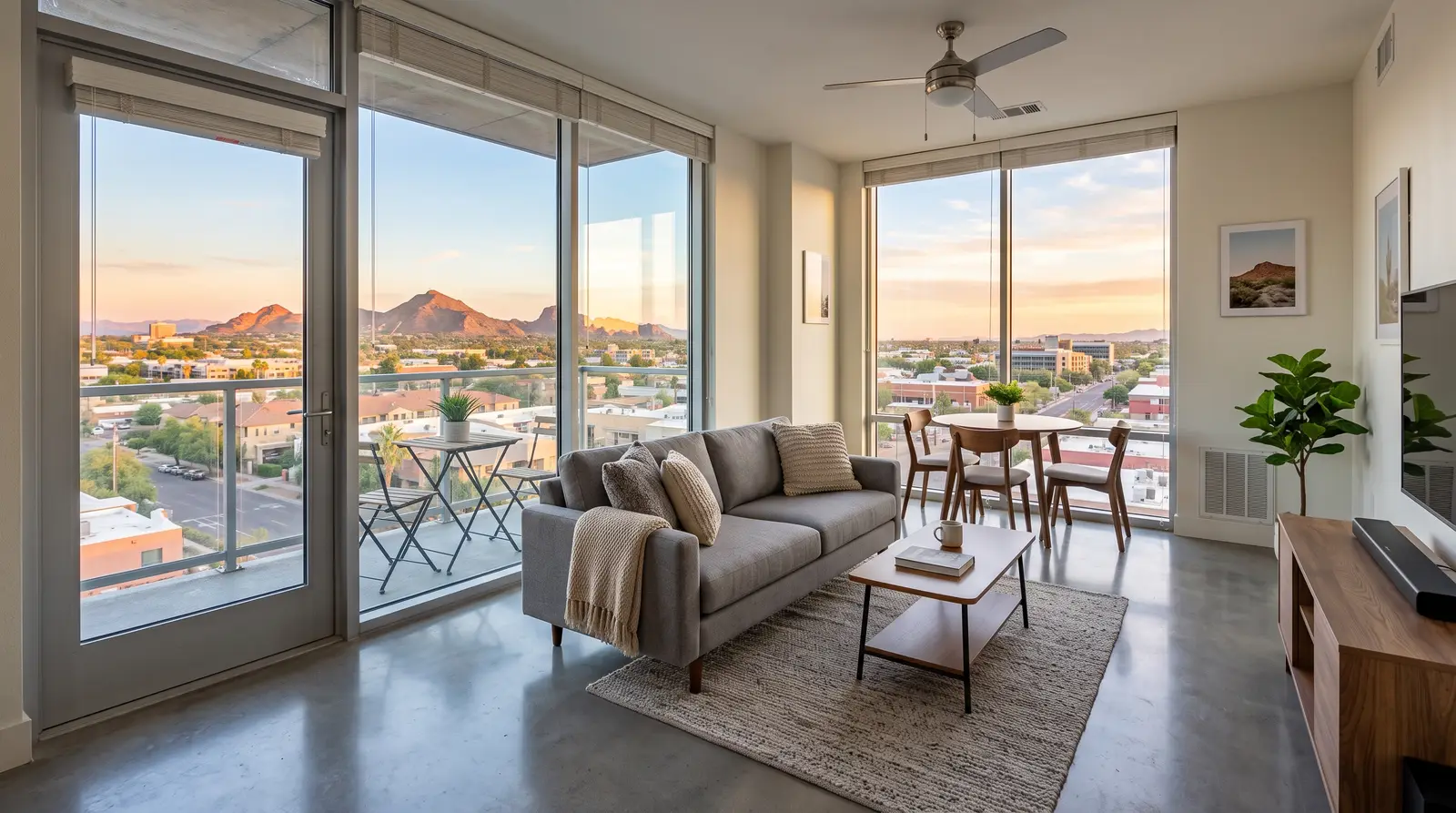 Clean, compact living room in a mid-rise Tempe, Arizona condo