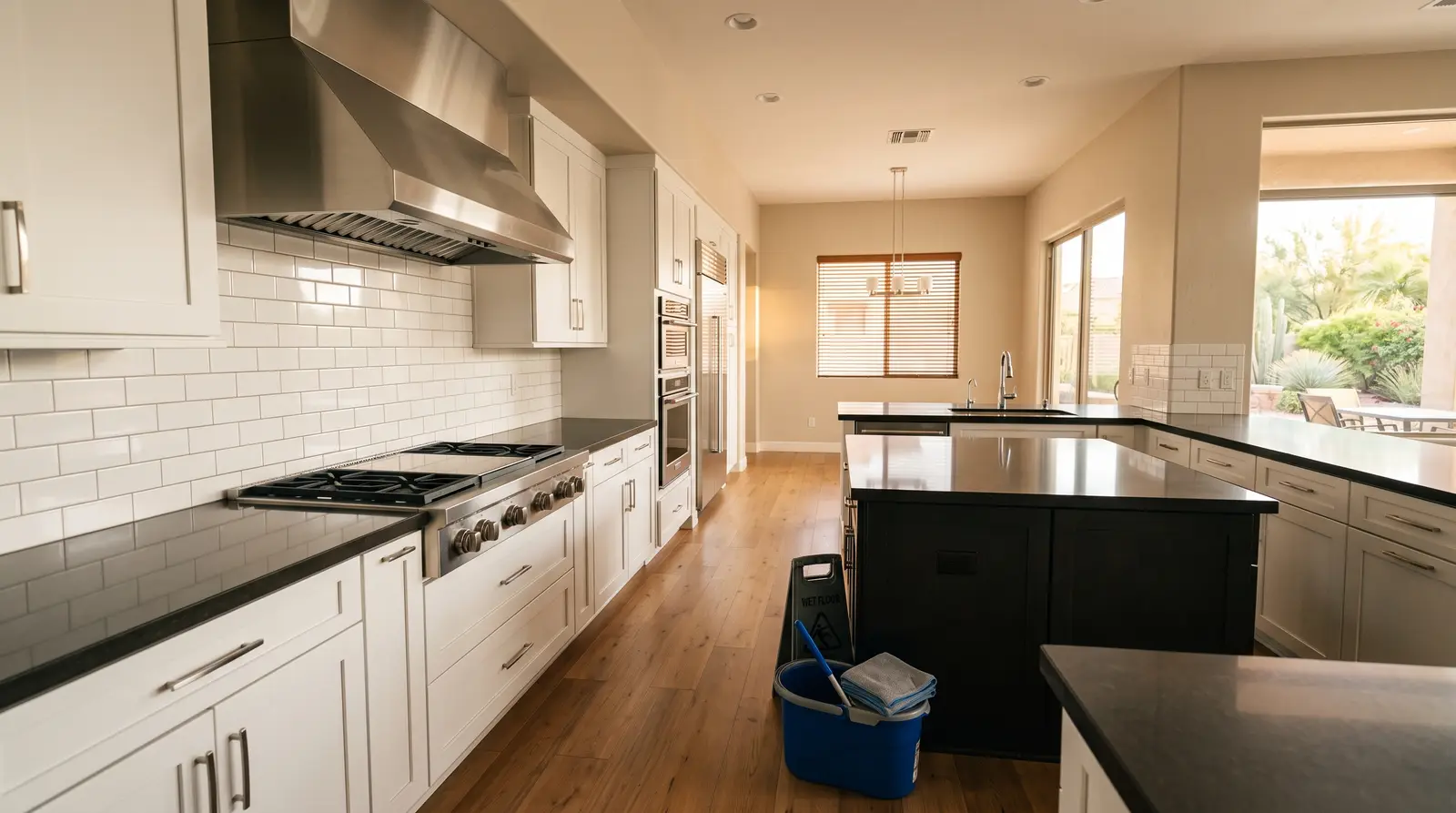Wide view of a deep-cleaned kitchen in a Scottsdale, Arizona home in late afternoon