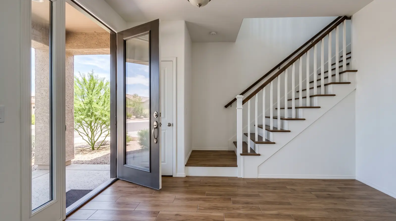 Empty, freshly cleaned entry hallway and staircase in a two-story Chandler, Arizona home on move-out day
