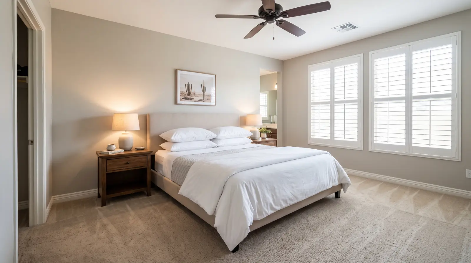 Freshly made primary bedroom in a Gilbert, Arizona home after a routine clean