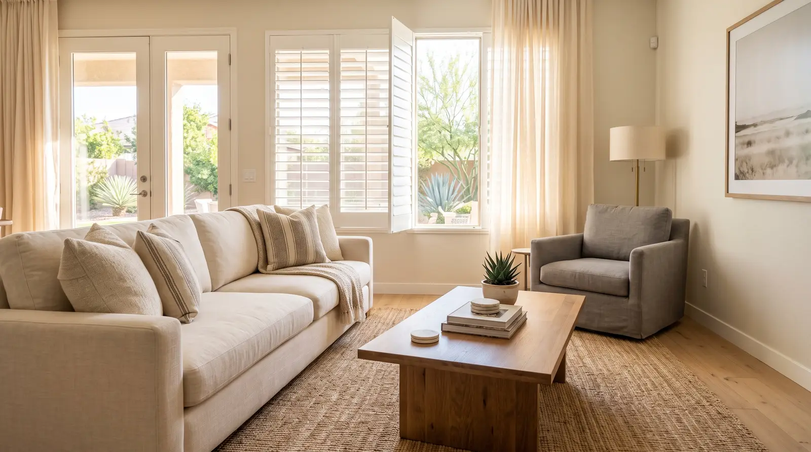 Sunlit, freshly cleaned living room in a Gilbert, Arizona home