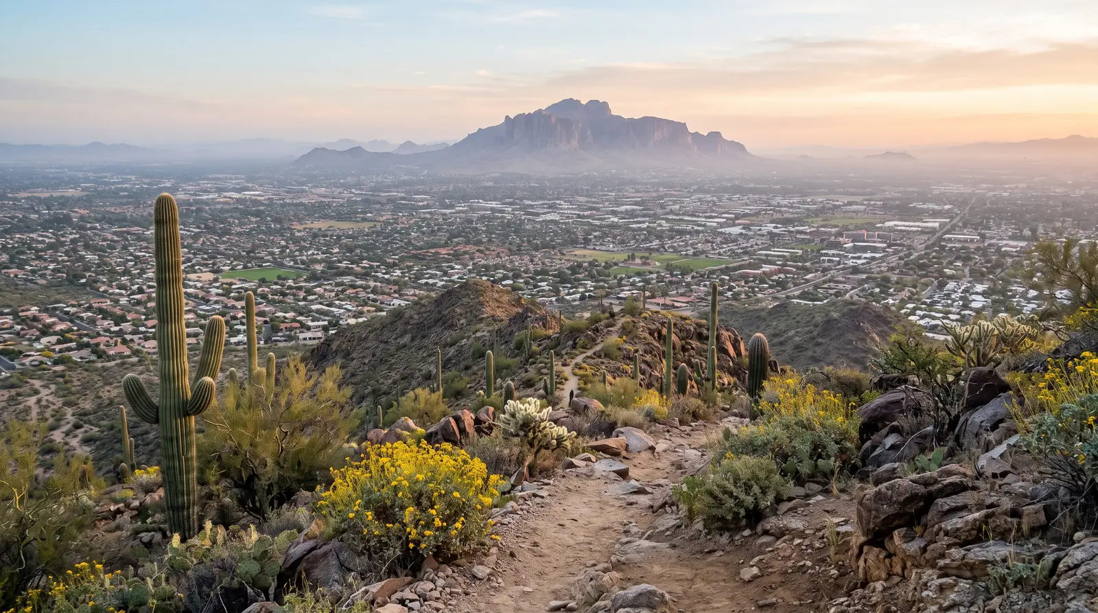 Wide exterior view from a mountain preserve hiking trail in Phoenix, Arizona looking east across the Valley toward the East Valley...