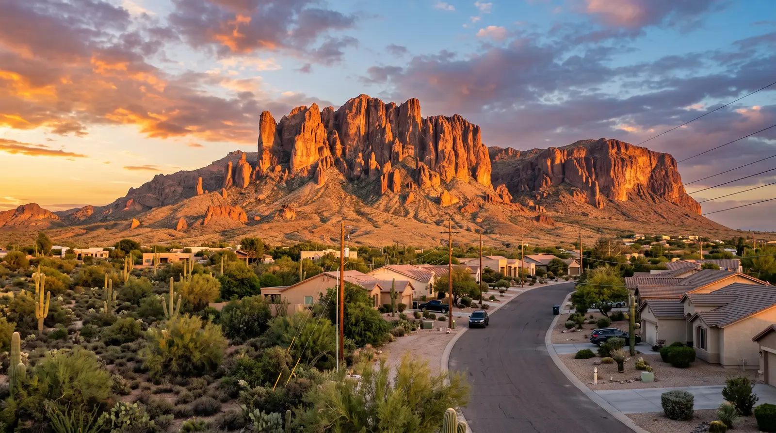 Exterior of the Superstition Mountains rising behind Apache Junction, Arizona at sunset