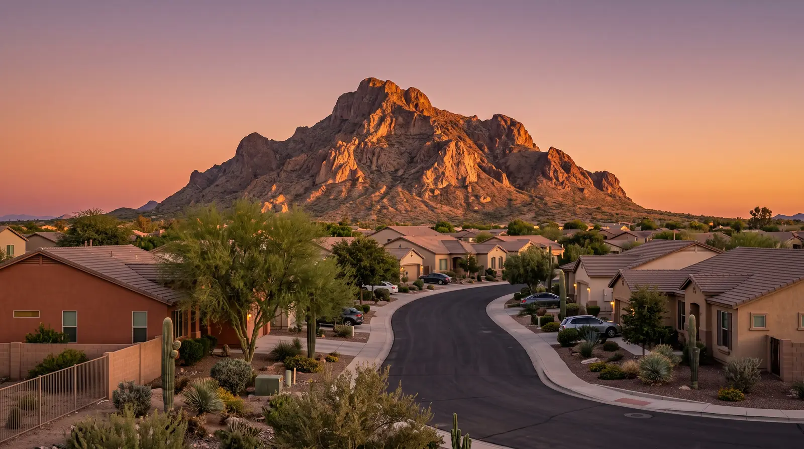 Exterior of Casa Grande Mountain in Casa Grande, Arizona at sunset
