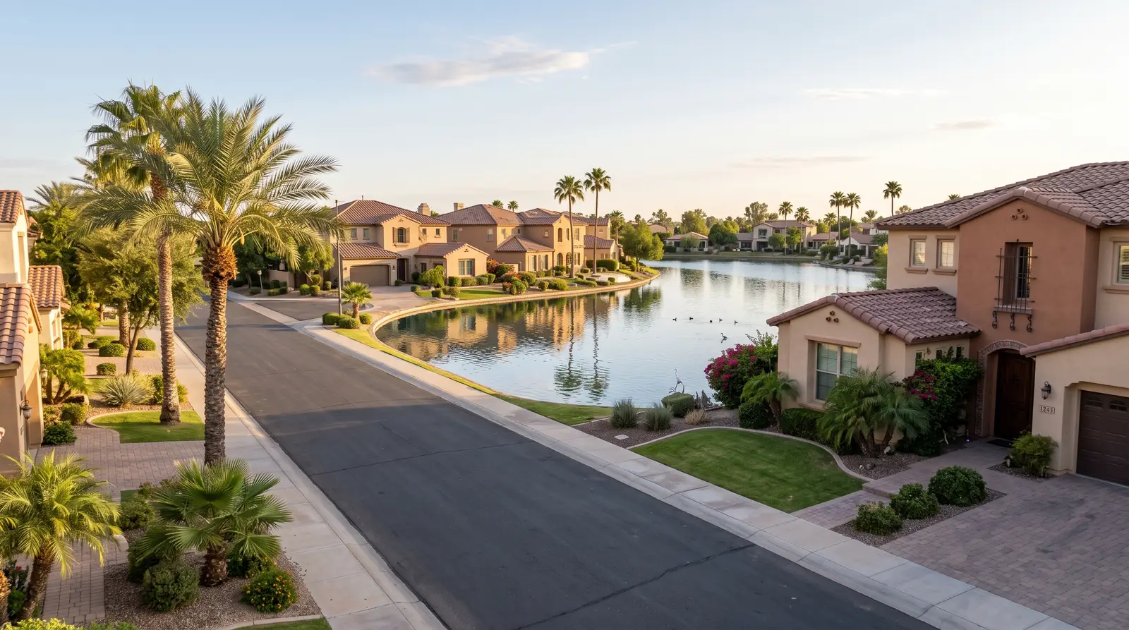 Exterior of a lakeside residential street in the Ocotillo neighborhood of Chandler, Arizona