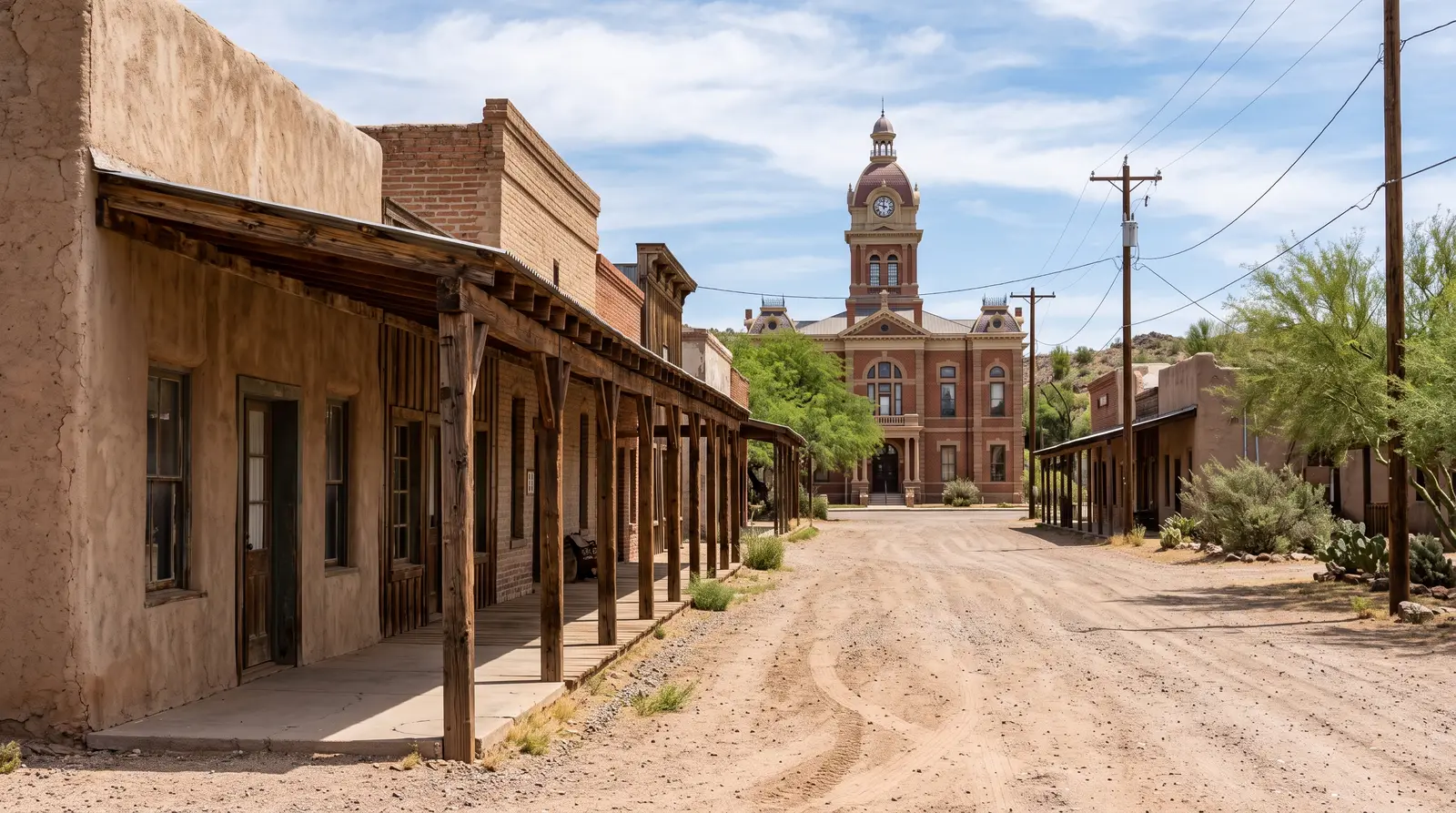 Exterior of a historic street in Florence, Arizona at midday
