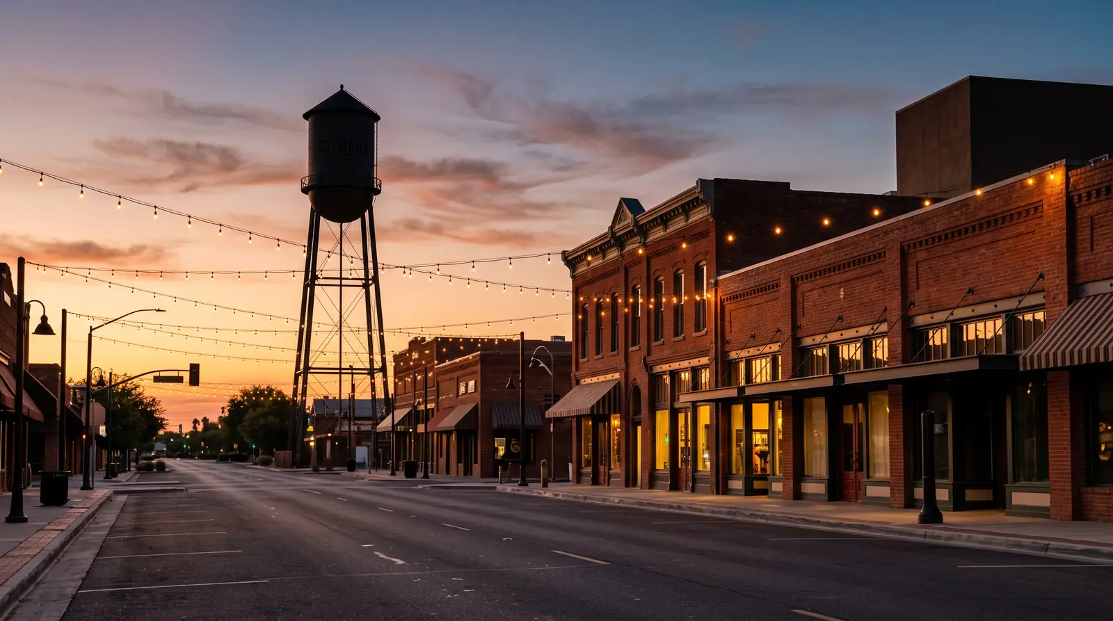 Exterior of the Gilbert, Arizona Heritage District at dusk