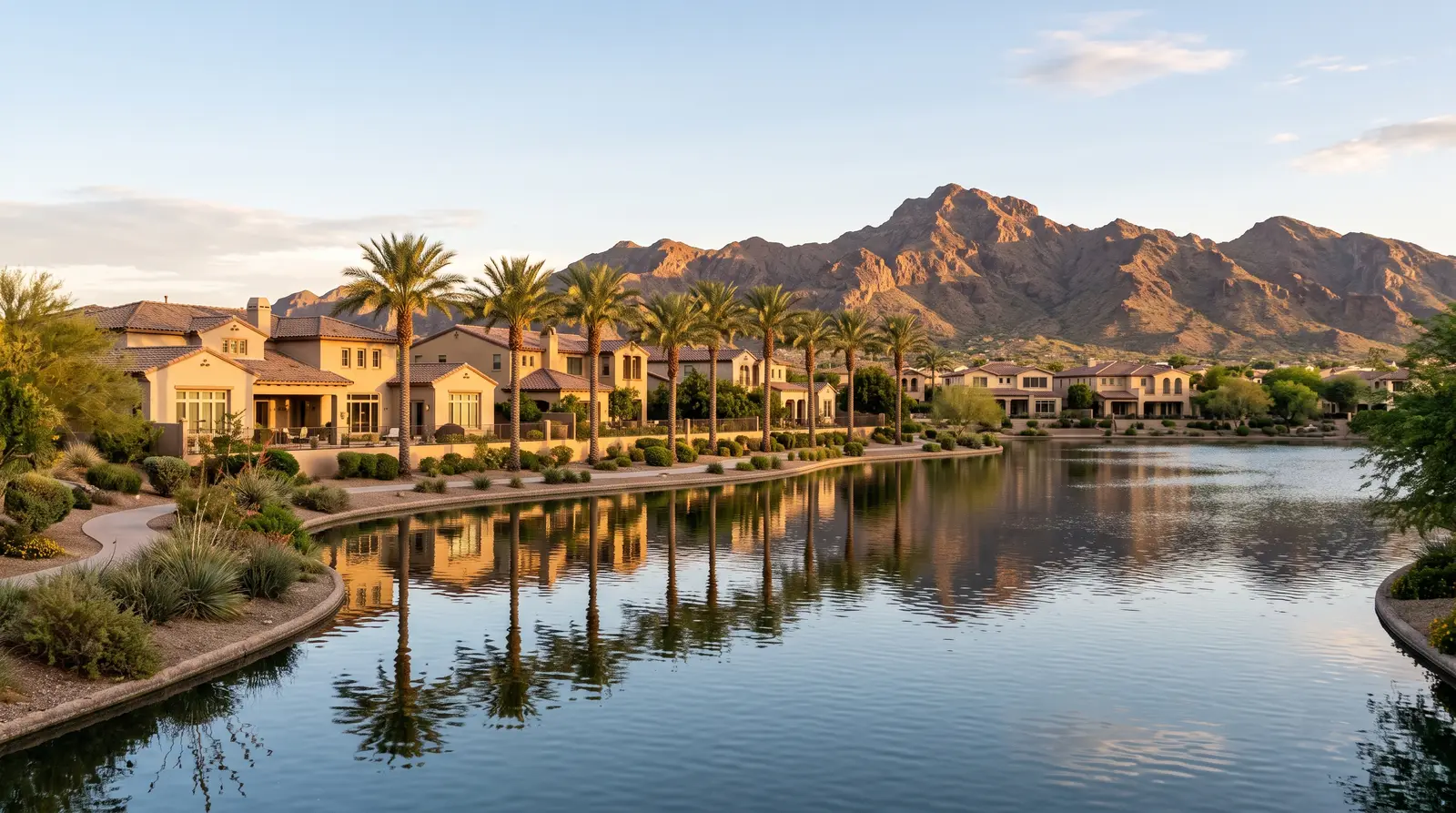 Exterior of the Estrella community in Goodyear, Arizona at golden hour