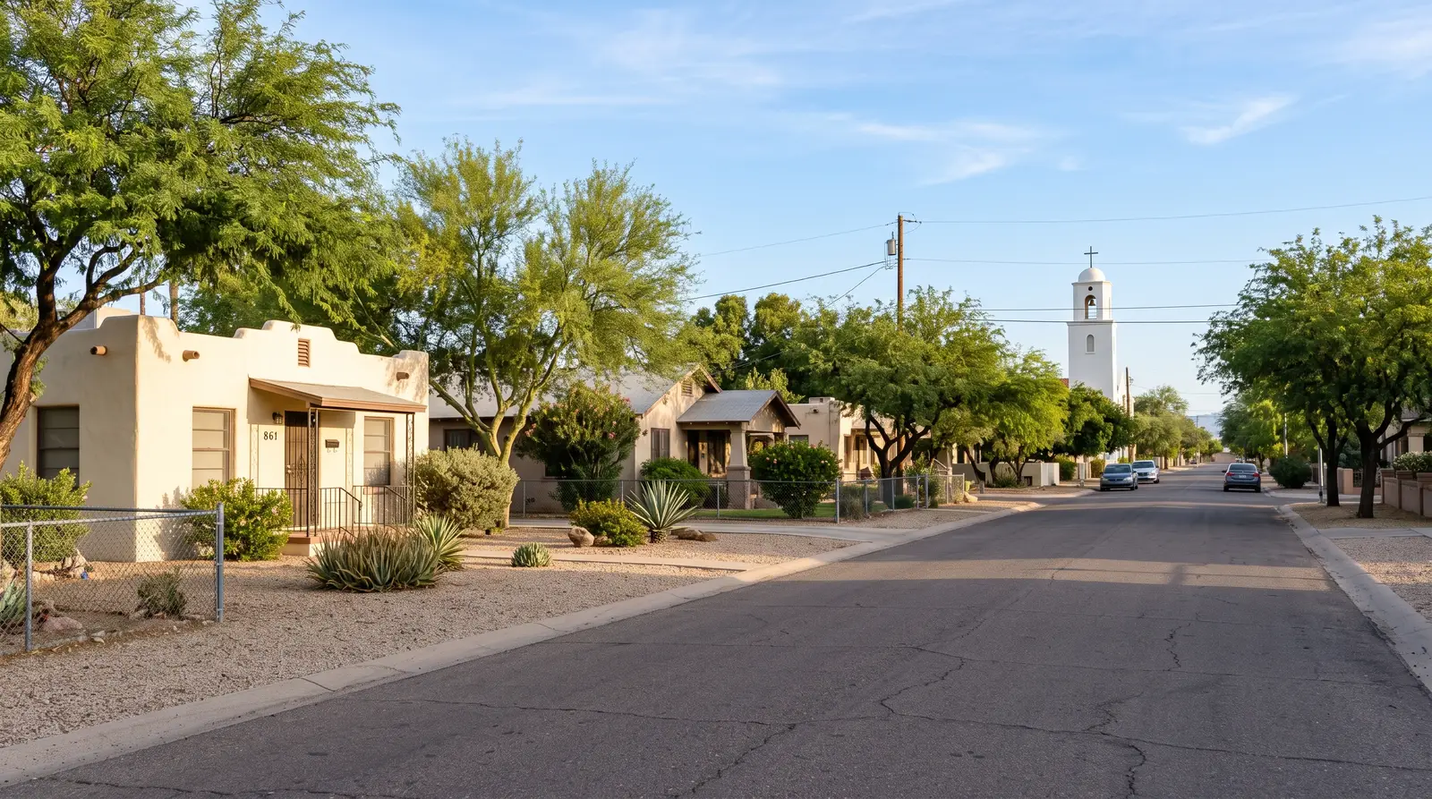 Exterior of a quiet residential street in Guadalupe, Arizona in the morning