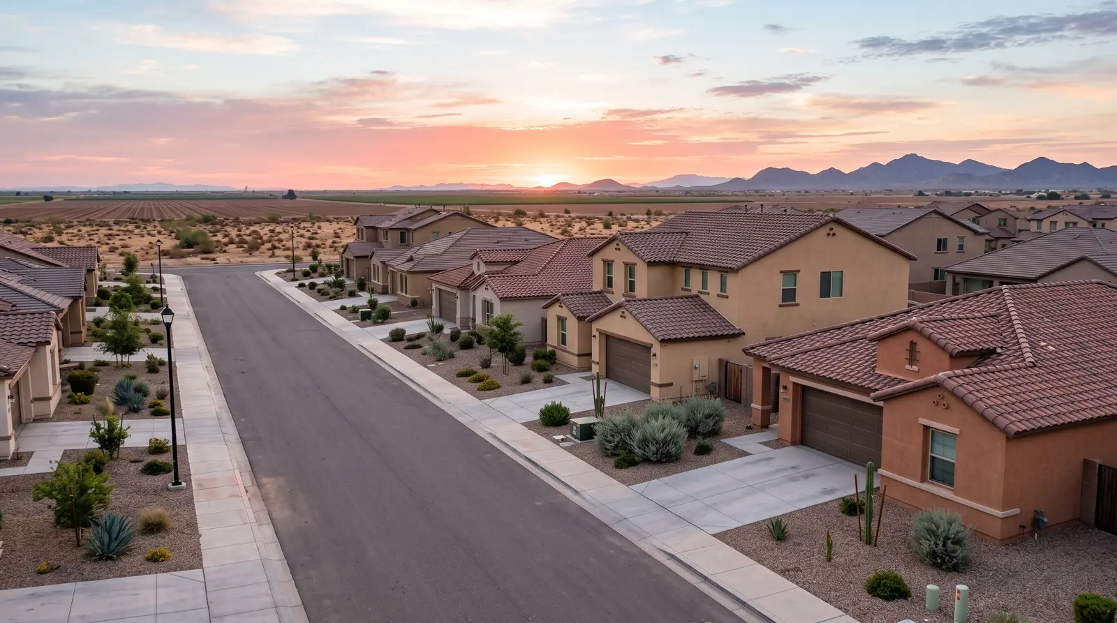 Exterior of a residential street in Maricopa, Arizona at sunrise