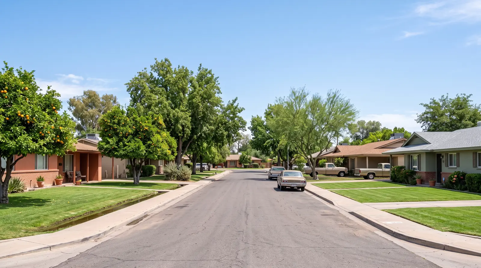 Exterior of a quiet, tree-lined residential street in an older Mesa, Arizona neighborhood at midday