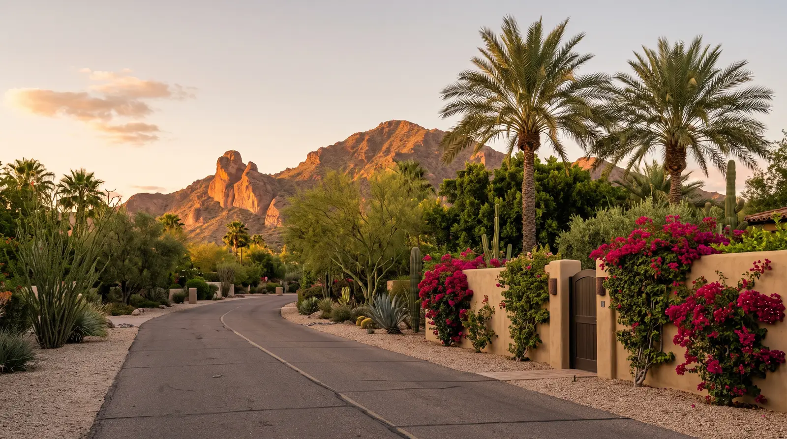 Exterior of a quiet Paradise Valley, Arizona lane at golden hour