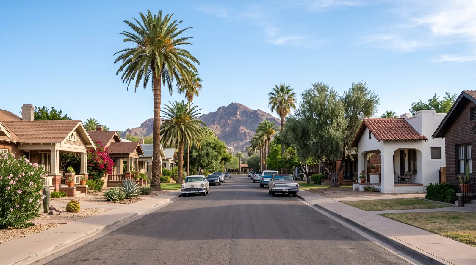 Exterior of a historic Phoenix, Arizona neighborhood street in the morning