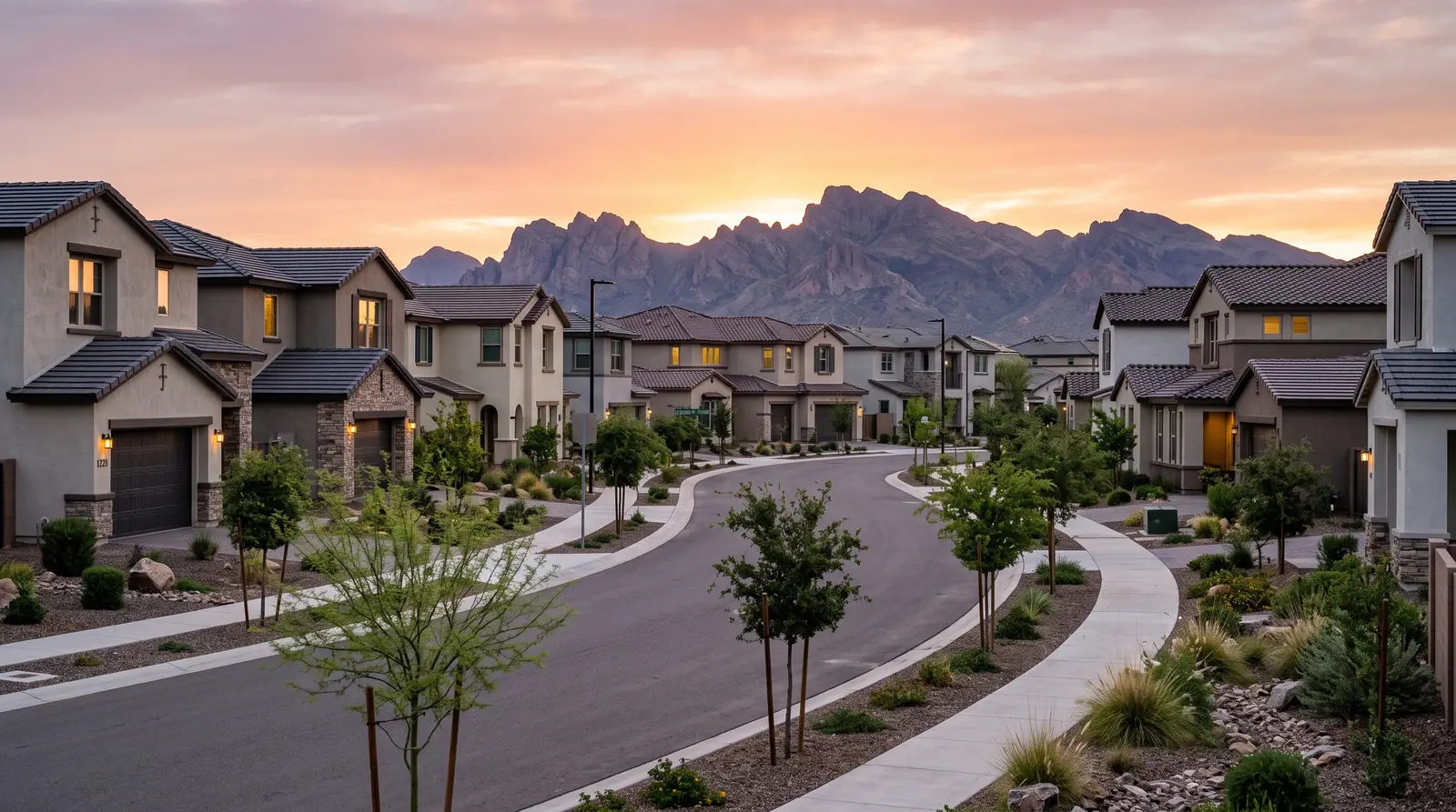 Exterior of a new residential street in Queen Creek, Arizona at sunrise
