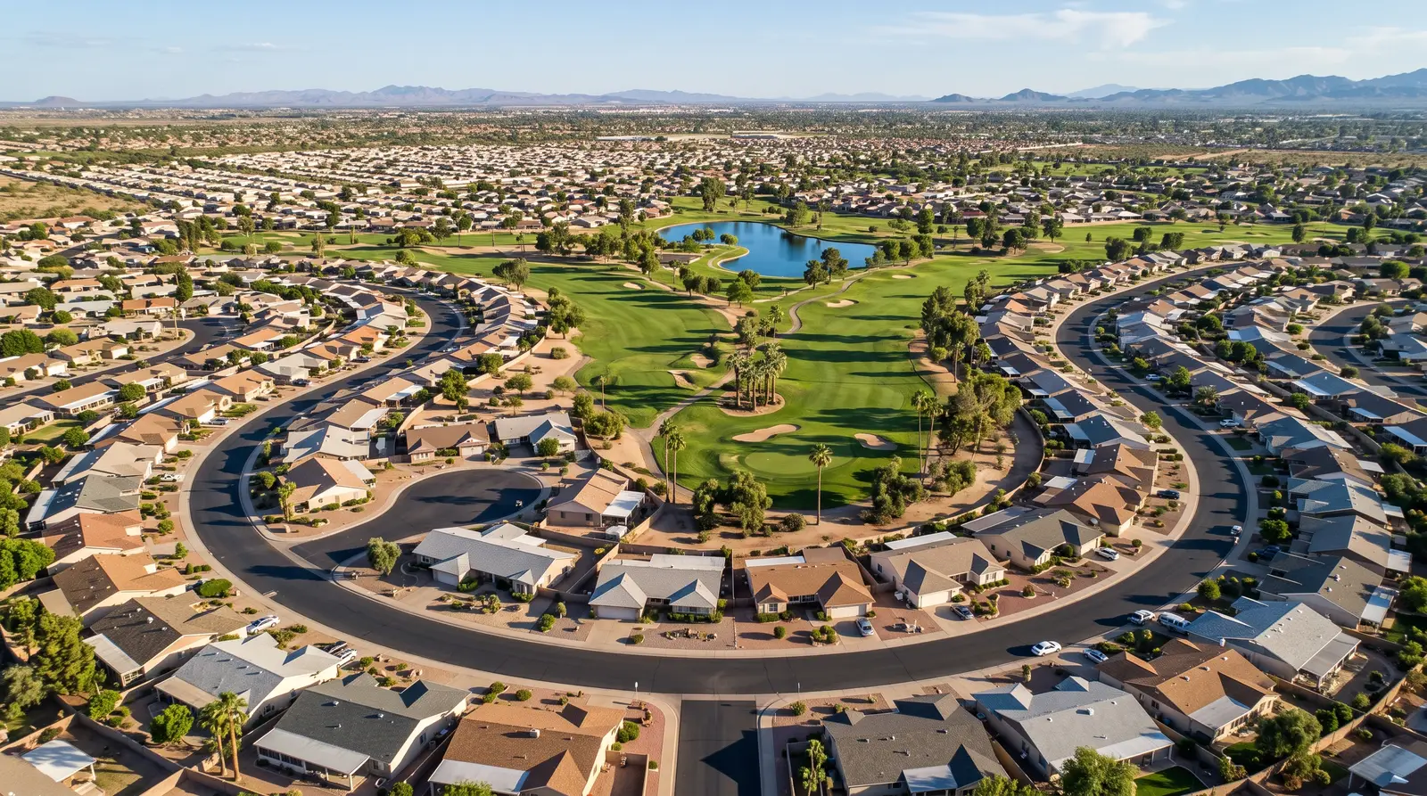 Exterior aerial-style view of Sun City, Arizona's curving streets of 1960s ranch homes, circular street pattern, green golf course,...
