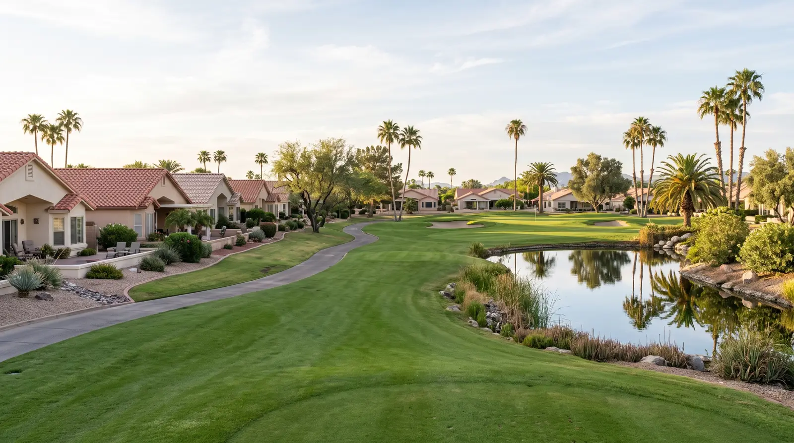 Exterior of a Sun Lakes, Arizona golf community at morning
