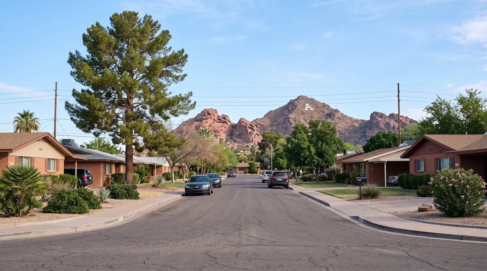 Exterior of a quiet residential street in Tempe, Arizona near ASU