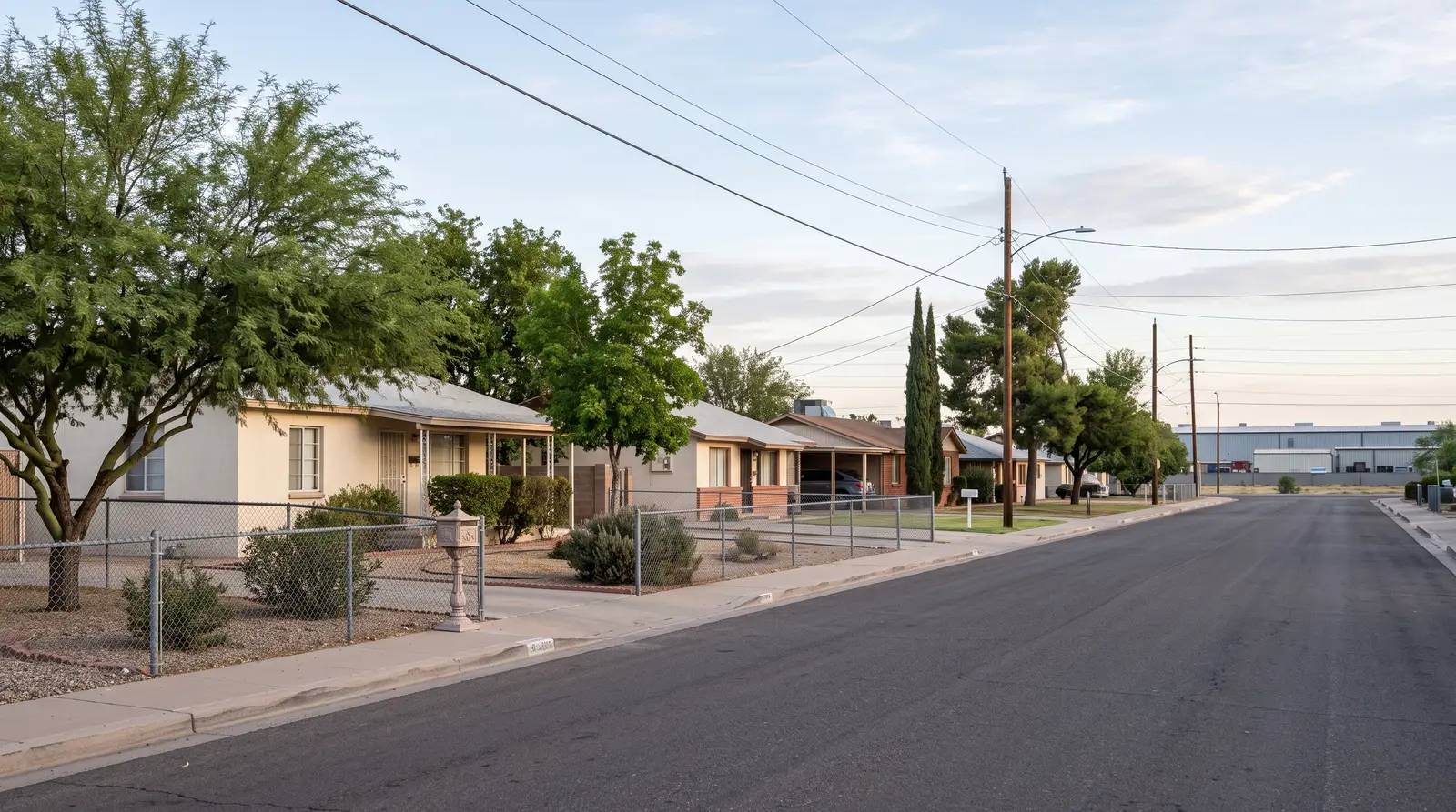 Exterior of a quiet residential street in Tolleson, Arizona in the early morning